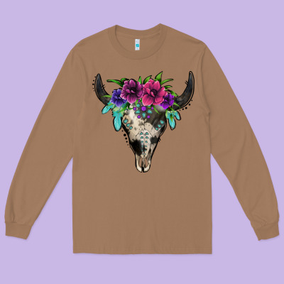 Cowhide Bull Skull Long Sleeve Tee Designed By Jasminsmagicworld