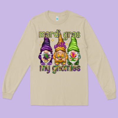 Mardi Gras With My Gnomies Long Sleeve Tee Designed By Howdyjamesfarm