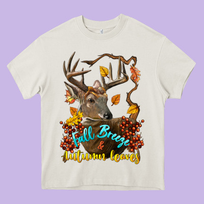 Fall Breeze And Autumn Leaves Deer Heavy Core Tee Designed By Lillyallendesigns