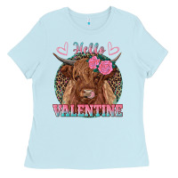 Baby Blue hello valentine highland cow Ladies Tee - RanaPortraitStore