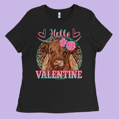 Hello Valentine Highland Cow Ladies Tee Designed By Ranaportraitstore