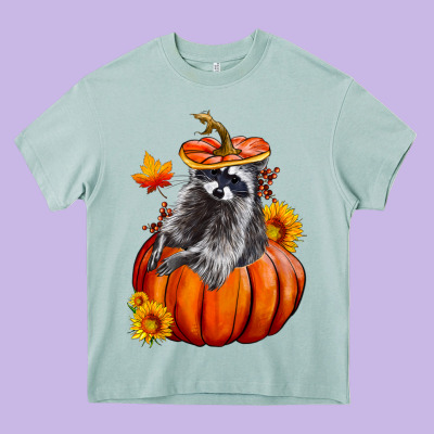 Fall Pumpkin Raccoon Heavy Core Tee Designed By Lillyallendesigns