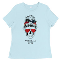 Baby Blue Glitter American Flag Patterned American Mom Skull Ladies Tee - Bettercallsaul