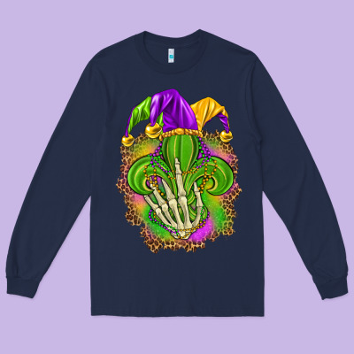 Mardi Gras With Skeleton Hand Long Sleeve Tee Designed By Howdyjamesfarm