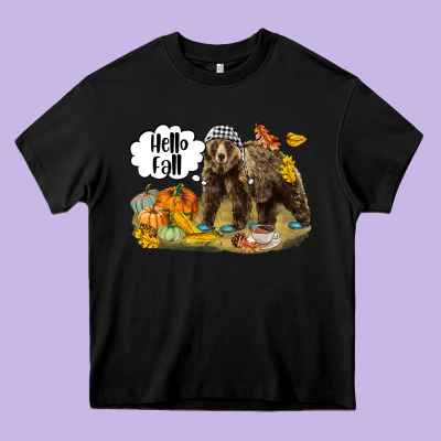 Hello Fall Brown Bear Heavy Core Tee Designed By Lillyallendesigns