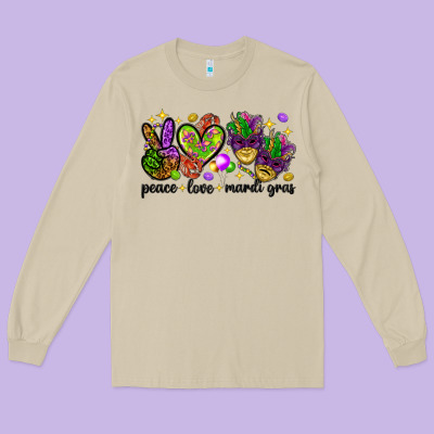 Peace Love Mardi Gras Long Sleeve Tee Designed By Howdyjamesfarm