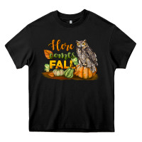 Black Here Comes Fall Owl Heavy Core Tee - LillyAllenDesigns