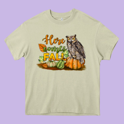 Here Comes Fall Owl Heavy Core Tee Designed By Lillyallendesigns