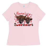 Bubblegum Pink mama's sweetheart highland cow and calf Ladies Tee - RanaPortraitStore