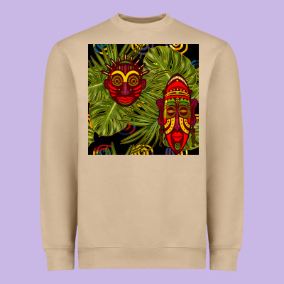 African Masks And Monstera Leaf Seamless Pattern Heavyweight Sweatshirt Designed By Bundleandbundleshop