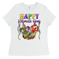White happy mardi gras fleur de lis king cake crawfish Ladies Tee - RanaPortraitStore