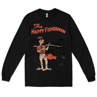 Black Vintage The Happy Fisherman 2022 Fishing Mens Kids Long Sleeve Tee - minhPixels