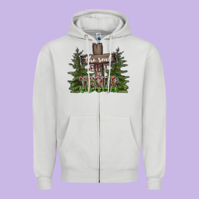 The Real Gift Is Jesus Zipper Hoodie Designed By Cowhidedigitalart