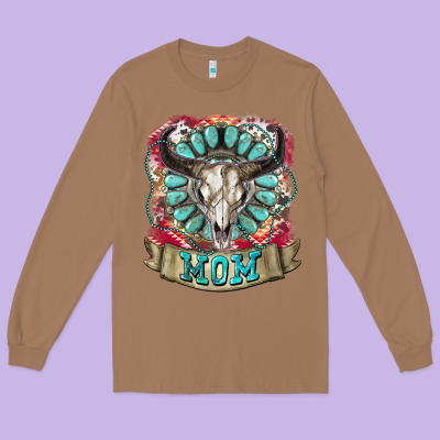 Mom Bull Skull Mother's Day Long Sleeve Tee Designed By Cowgirlartshop