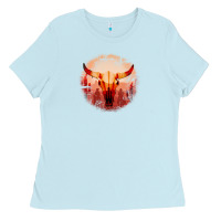 Baby Blue Western Cowboy Sunset Bull Skull Ladies Tee - Bettercallsaul