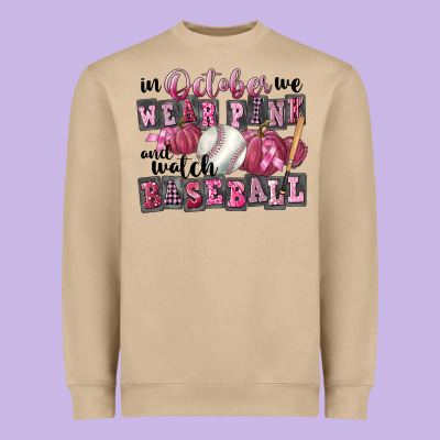 In October We Wear Pink And Watch  Baseball Heavyweight Sweatshirt Designed By Fadigitalartstudio