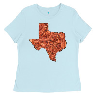 Baby Blue Texas Map Western Tooled Leather Pattern Ladies Tee - Bettercallsaul