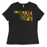 Black Western Oklahoma Map Sunflower Pattern Ladies Tee - Bettercallsaul