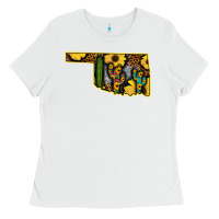 White Western Oklahoma Map Sunflower Pattern Ladies Tee - Bettercallsaul