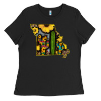 Black Western Missouri Map Sunflower And Cactus Pattern Ladies Tee - Bettercallsaul