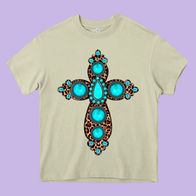 Gemstone Leopard Cross Heavy Core Tee Designed By Jahusdesignshop