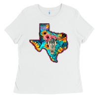 White Western Sunflower, Rose, Gemstsone, Turquoise Bull Skull Ladies Tee - Bettercallsaul