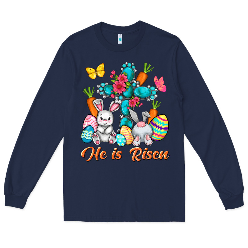 He Is Risen With Cross Easter Day Long Sleeve Tee by HowdyJamesFarm | Teevron