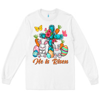 White He is risen with Cross Easter Day Long Sleeve Tee - HowdyJamesFarm