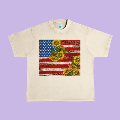 American Flag Sunflowers With Leopard Urban Heavy Tee Designed By Tumblerdesignbyshophia