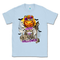 Dusty Blue Happy Halloween with Skeleton Classic Tee - texasbilliewilder