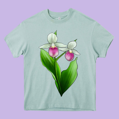 Pink And White Lady's Slipper Flower Heavy Core Tee Designed By Lillyallendesigns