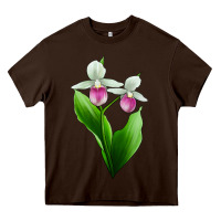 Chocolate Brown Pink And White Lady's Slipper Flower Heavy Core Tee - LillyAllenDesigns