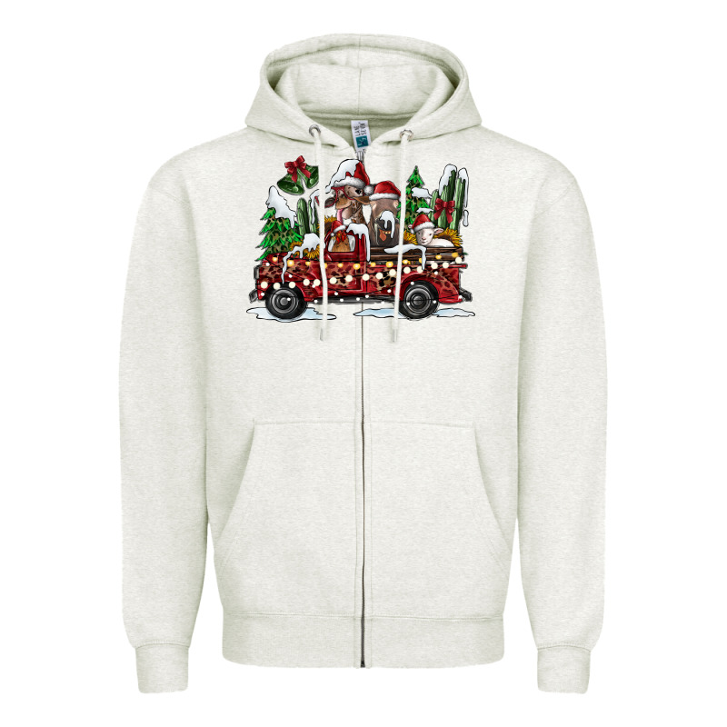 Festive Farm Animal Christmas Truck Zipper Hoodie by CowhideDigitalArt | Teevron