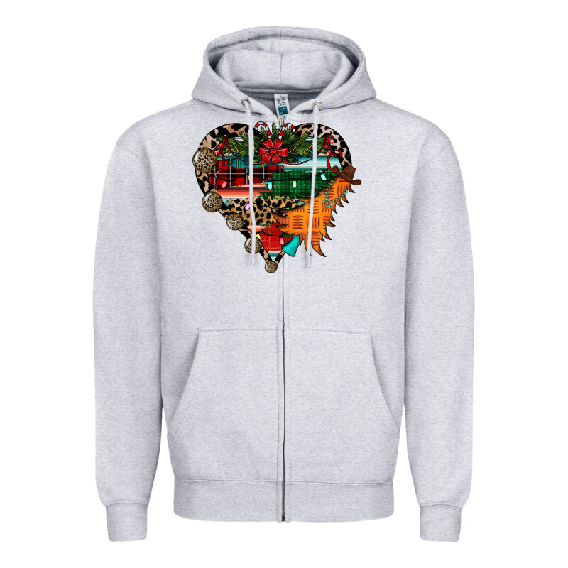 Festive Western Christmas Heart Zipper Hoodie by CowhideDigitalArt | Teevron