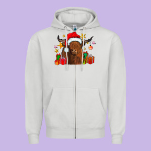 Festive Highland Cow Zipper Hoodie Designed By Cowhidedigitalart