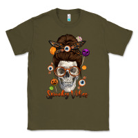 Army Green Spooky Vibes Skull Messy Bun Classic Tee - texasbilliewilder