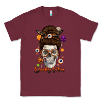 Burgundy Spooky Vibes Skull Messy Bun Classic Tee - texasbilliewilder