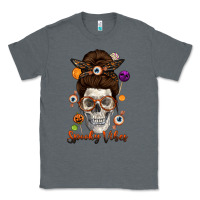 Charcoal Heather Spooky Vibes Skull Messy Bun Classic Tee - texasbilliewilder