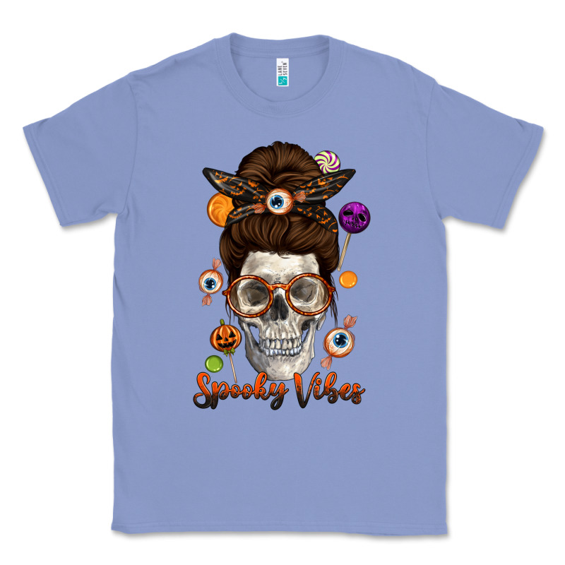 Spooky Vibes Skull Messy Bun Classic Tee by texasbilliewilder | Teevron
