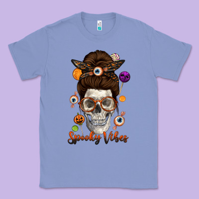 Spooky Vibes Skull Messy Bun Classic Tee Designed By Texasbilliewilder