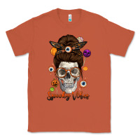Copper Spooky Vibes Skull Messy Bun Classic Tee - texasbilliewilder