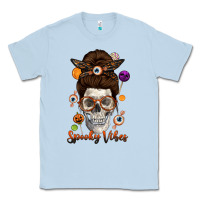 Dusty Blue Spooky Vibes Skull Messy Bun Classic Tee - texasbilliewilder
