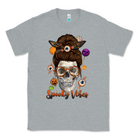 Heather Grey Spooky Vibes Skull Messy Bun Classic Tee - texasbilliewilder