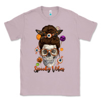 Lilac Spooky Vibes Skull Messy Bun Classic Tee - texasbilliewilder