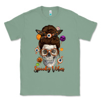 Sage Spooky Vibes Skull Messy Bun Classic Tee - texasbilliewilder