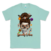 Seafoam Spooky Vibes Skull Messy Bun Classic Tee - texasbilliewilder