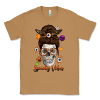 Toasted Coconut Spooky Vibes Skull Messy Bun Classic Tee - texasbilliewilder