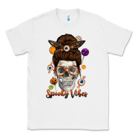 White Spooky Vibes Skull Messy Bun Classic Tee - texasbilliewilder