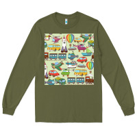 Army Green Planes, Trains, and Automobiles pattern Chiffon Top Long Sleeve Tee - minhPixels