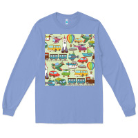 Colony Blue Planes, Trains, and Automobiles pattern Chiffon Top Long Sleeve Tee - minhPixels